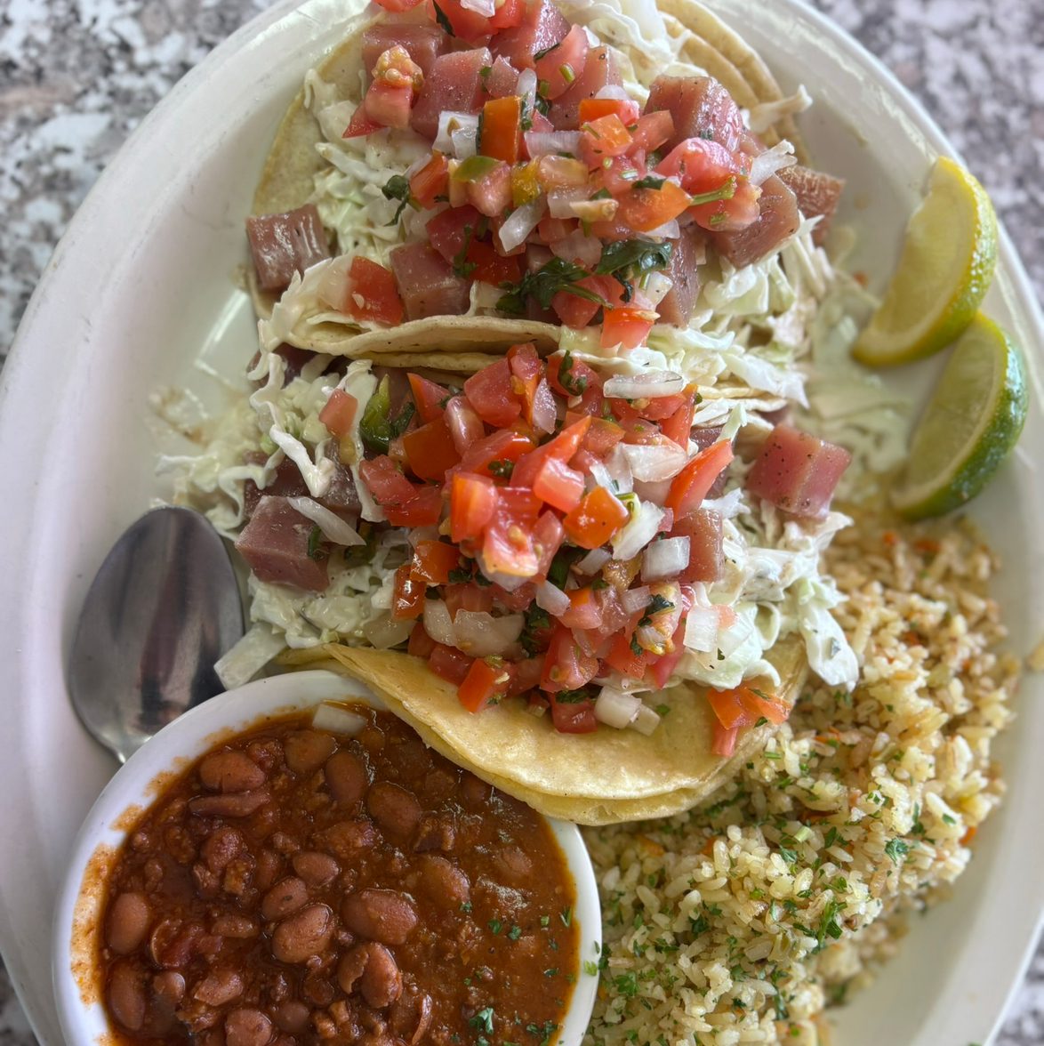 Fusion Mahi Tuna Poke Tacos.