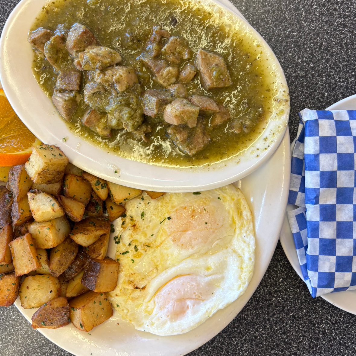 Two Eggs Any Style with Chili Verde.