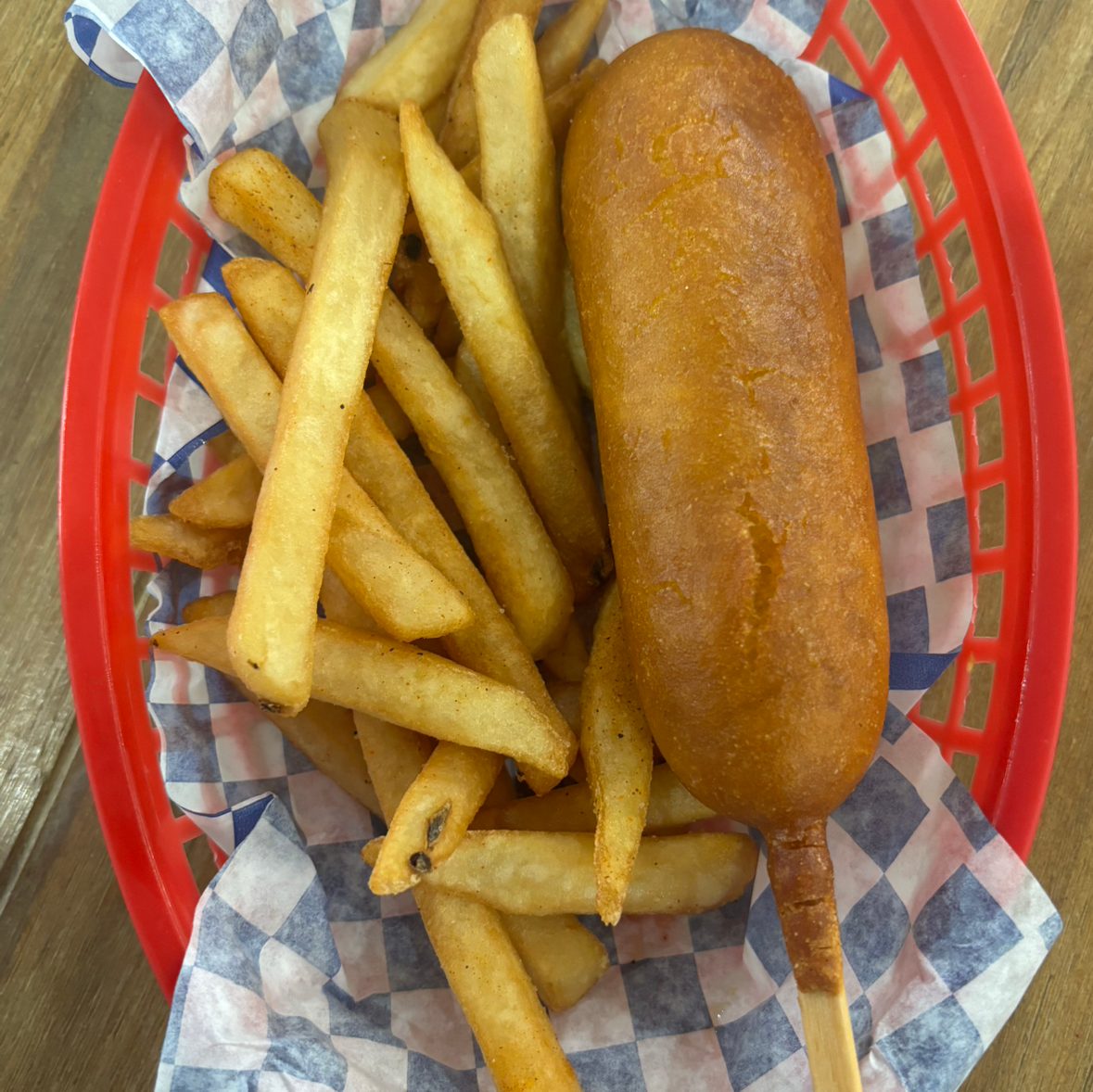 Corn Dog and Fries.