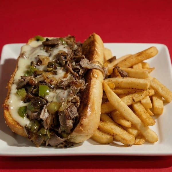 A Rock & Roll Diner cheesesteak with green peppers, mushrooms, and fries on a white plate.