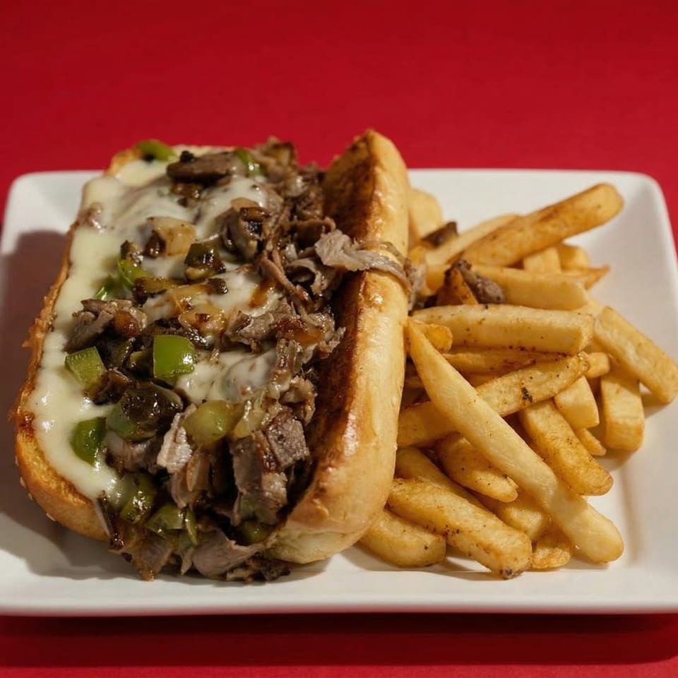 A Rock & Roll Diner cheesesteak with green peppers, mushrooms, and fries on a white plate.