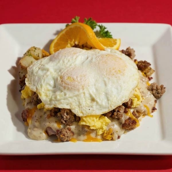 A diner breakfast skillet with fried eggs, sausage, gravy, and home fries, garnished with orange slices.