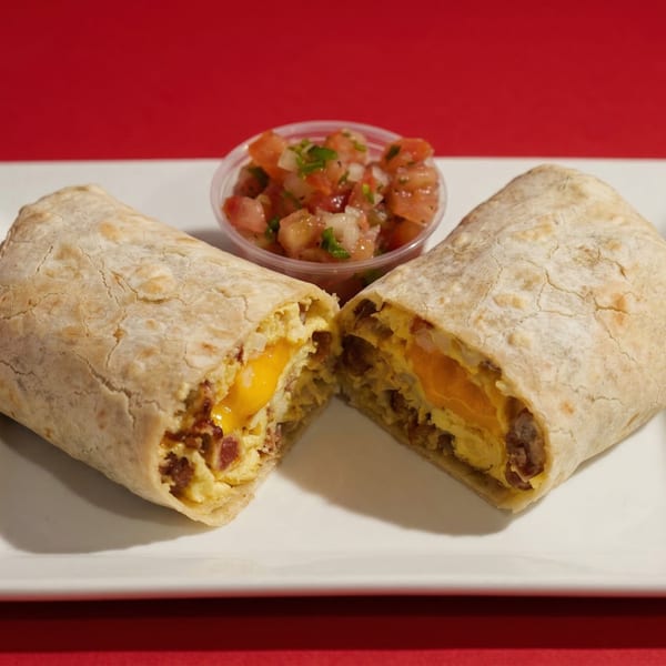A breakfast burrito, cut in half, revealing eggs, cheese, and bacon, with a side of salsa.
