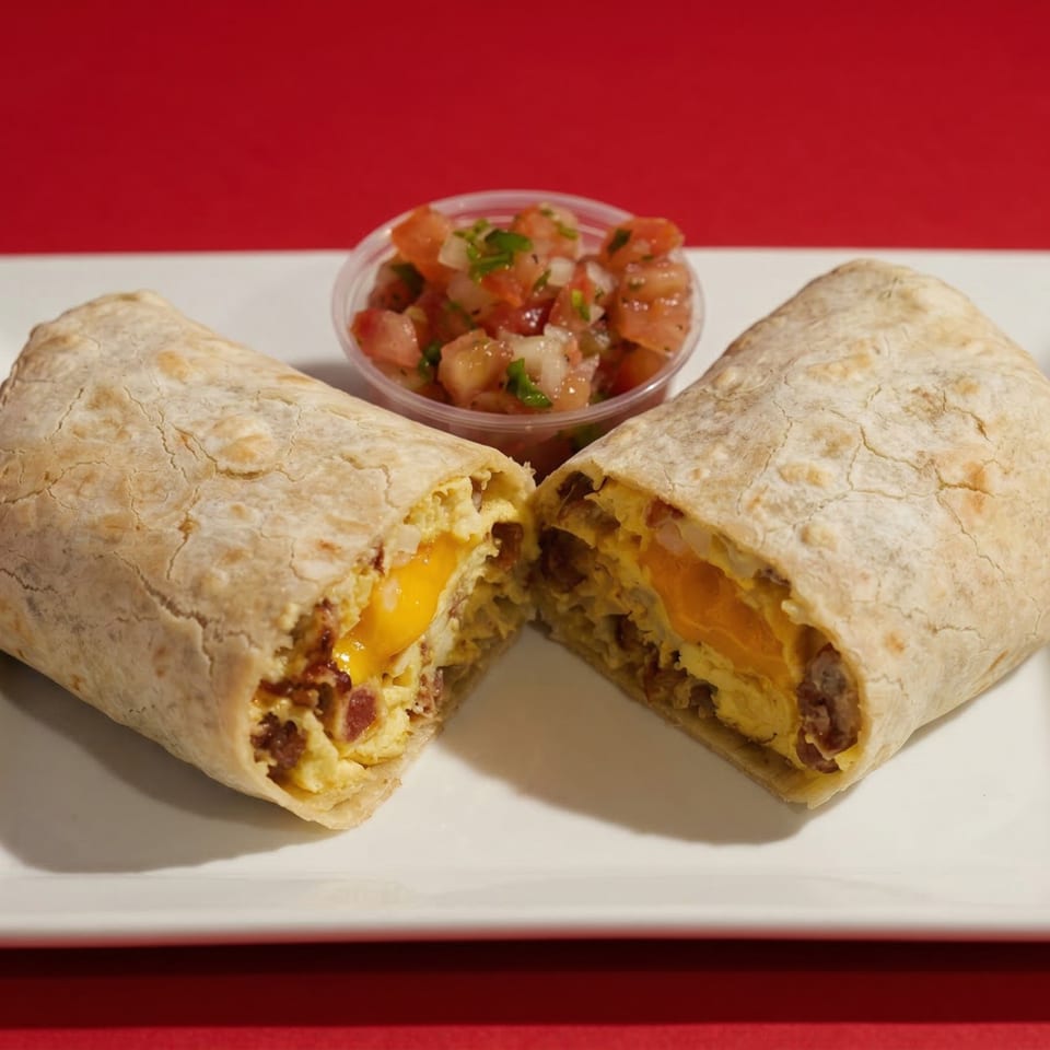 A breakfast burrito, cut in half, revealing eggs, cheese, and bacon, with a side of salsa.