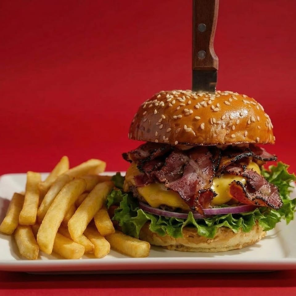 A Rock & Roll Diner burger with pastrami, cheese, lettuce, onion, and a knife, served with fries.