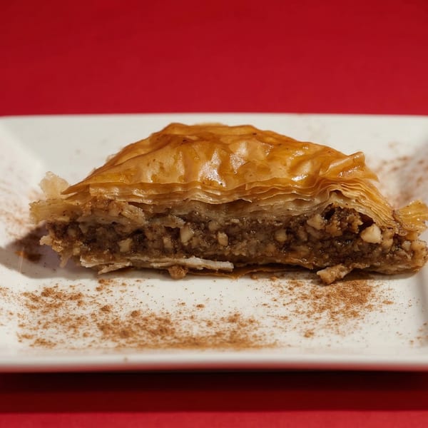 A slice of baklava with flaky pastry and nut filling, dusted with cinnamon on a white plate.