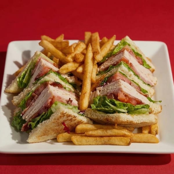 A diner-style club sandwich with fries on a white plate against a red background.