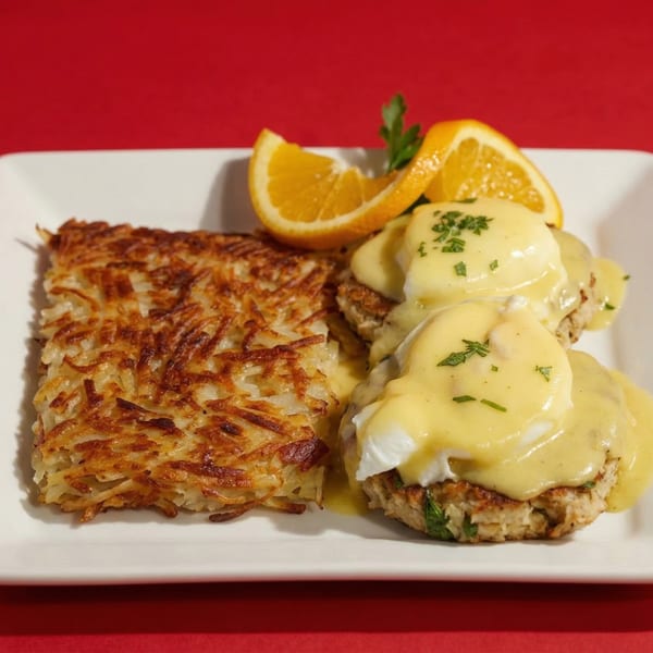 Rock & Roll Diner's Eggs Benedict with hash browns and orange slices on a white plate.